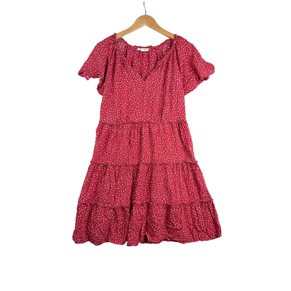 Beach Lunch Lounge Daisy Floral Print Tiered‎ Dress size Medium Red/White